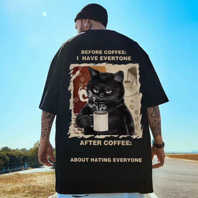 C&JChina-Chic Große Größe Kurzarm Herren Neues Loose Fat Oversize Sommer 5/4 Ärmel Lustiges Katzenpaar-T-Shirt_voghion.com