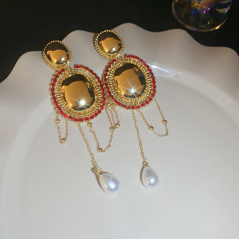 Diamant eingelegte ovale Quaste Perlenohrringe für Frauen modische Persönlichkeit leichte Luxus High-End-Gefühl Ohrringe_voghion.com
