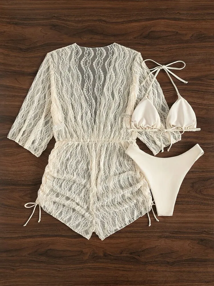 Maillot de bain une pièce à manches longues en maille avec ceinture et imprimé taille haute et cordon de serrage pour femme_voghion.com