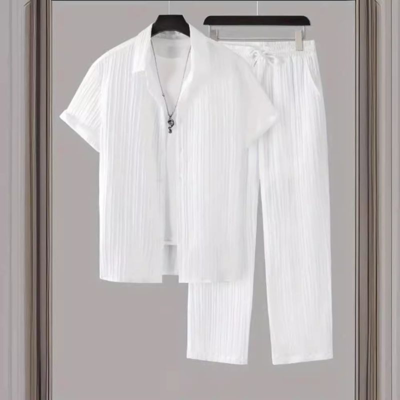 Herrenbekleidung Gestreiftes Kurzarmhemd Einreihiger Reversanzug Herrenmodetrend_voghion.com