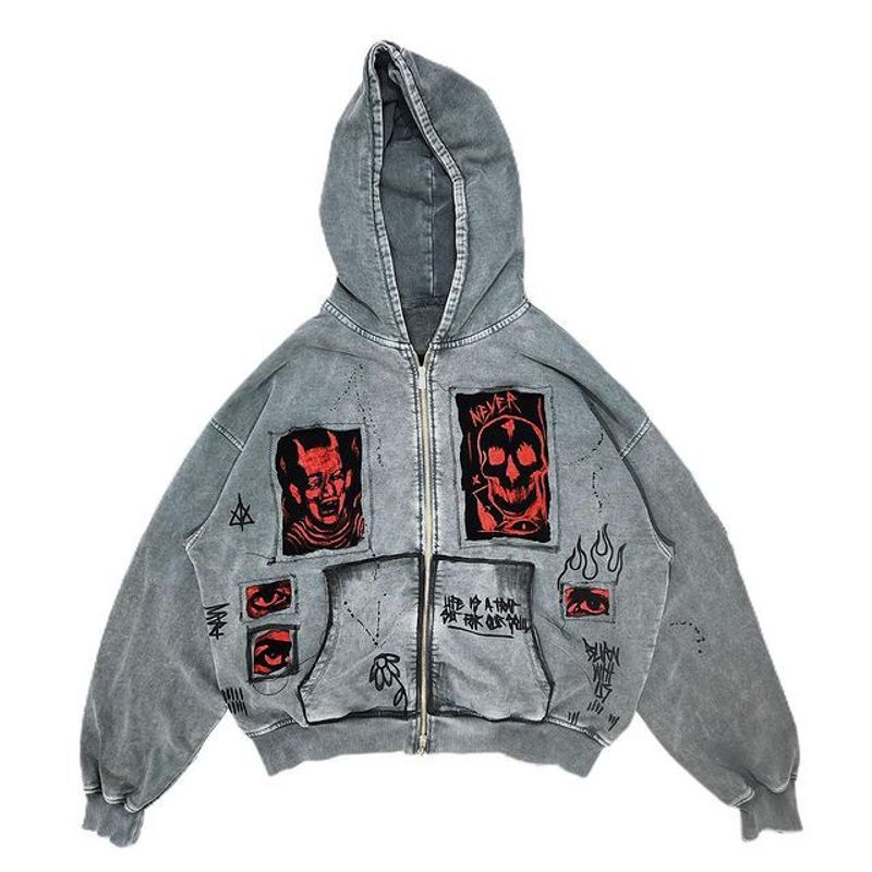 Herrenbekleidung Street Retro Unisex Devil Print Patch Schweres, lockeres Kapuzenpullover_voghion.com