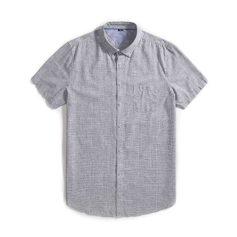 Camicia taglie forti da uomo, casual da lavoro, ampia, in lino tinto in filo, con risvolto, a maniche corte_voghion.com