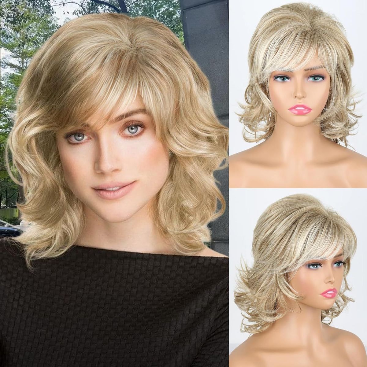 Pelucas sintéticas con clip para mujer, de moda, esponjosas, color marrón dorado, peluca corta y rizada de fibra sintética._voghion.com