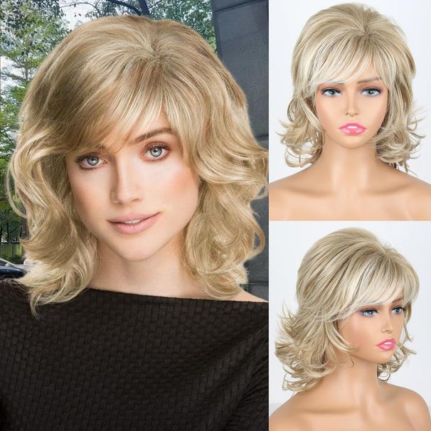 Pelucas sintéticas con clip para mujer, de moda, esponjosas, color marrón dorado, peluca corta y rizada de fibra sintética._voghion.com