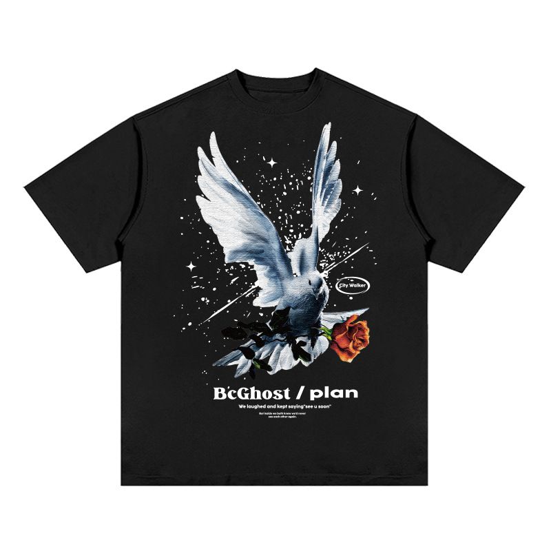 Men's Dove Printed Short Sleeve t Street Tide High Street Heavy Loose Drop Shoulder T-Shirt_voghion.com