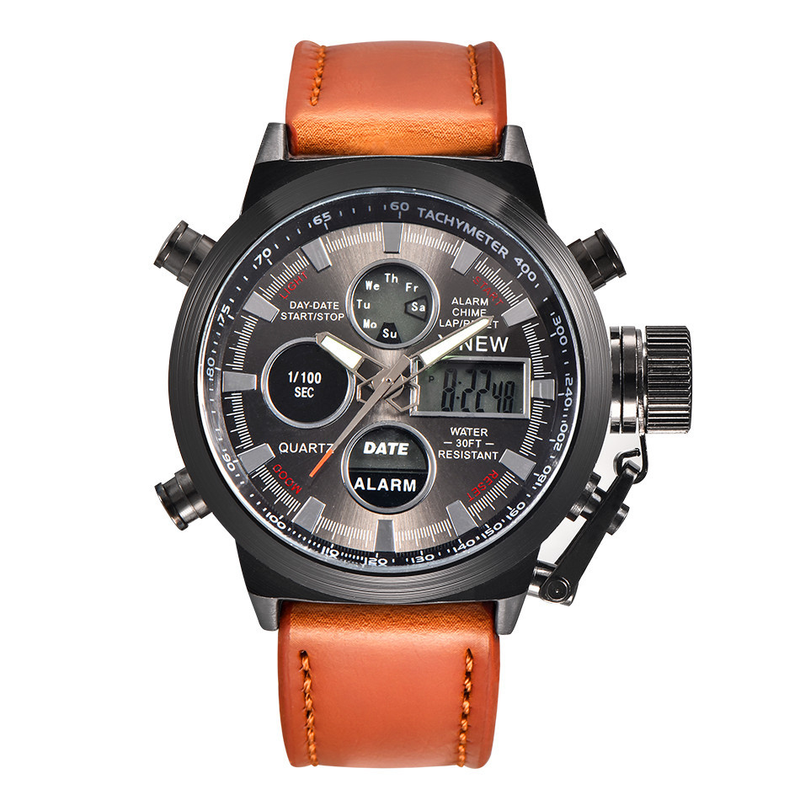 Men's Sport Digital Analog Watch With LED Backlight, Alarm, Calendar, GMT Function, 45mm Round Dial, PU Strap Sports Style_voghion.com