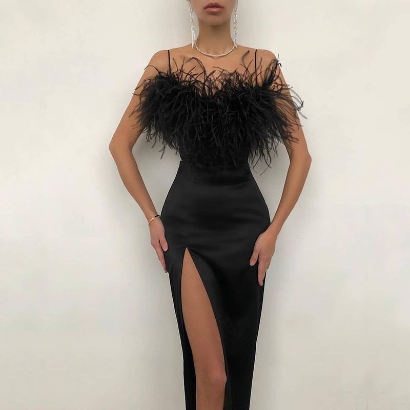  Women's Suspender Feather Dress Banquet Slim Temperament Slimming Arm Dress_voghion.com