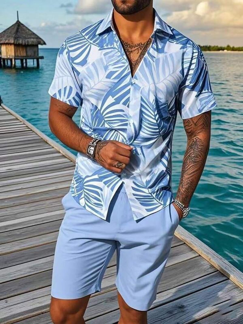 Men's Clothing Leisure Vacation Style Fashion Trend All Match Printed Shirt Suit_voghion.com