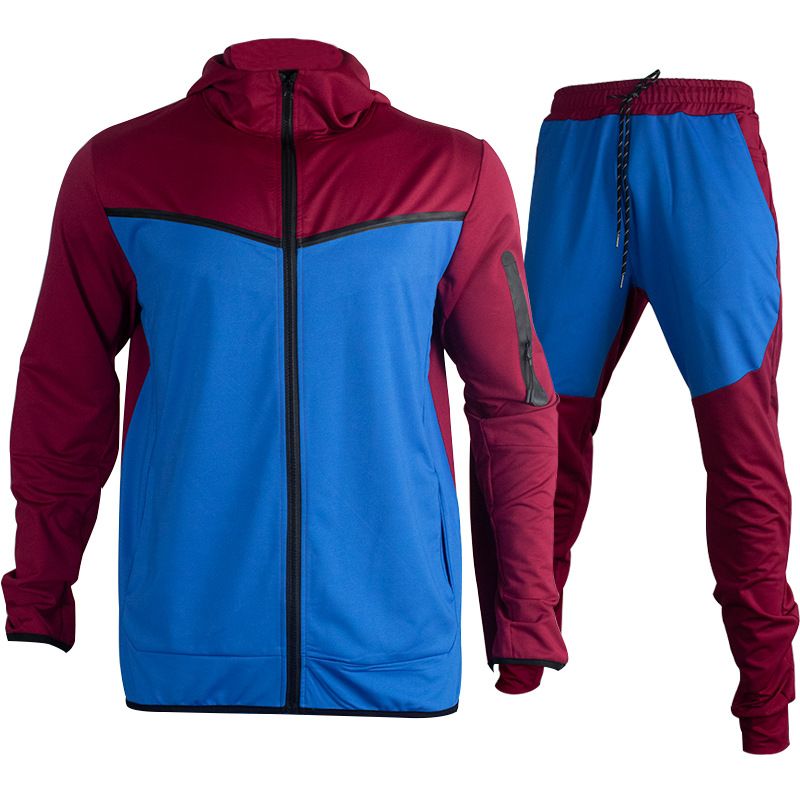 Completo sportivo da uomo con cappuccio e design a contrasto di colori - Giacca casual con cerniera e pantaloni jogger per corsa, palestra, streetwear_voghion.com