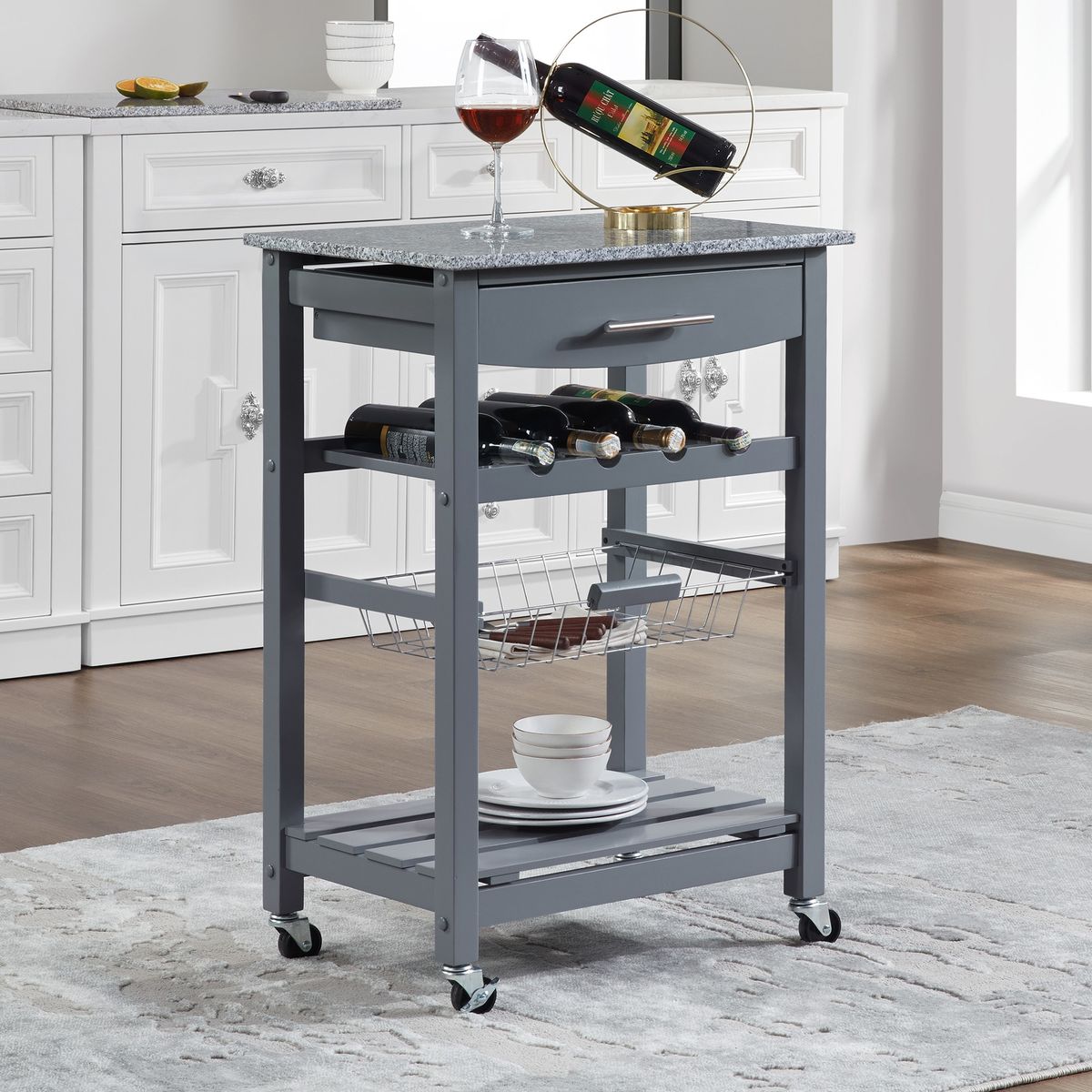 Mobile Rolling Kitchen Island Trolley Serving Cart With Underneath Drawer & Slide-Out Wire Storage Basket_voghion.com