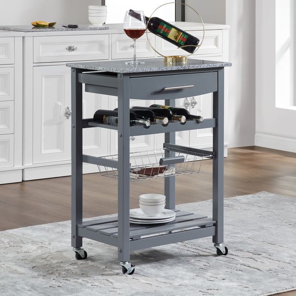 Mobile Rolling Kitchen Island Trolley Serving Cart With Underneath Drawer & Slide-Out Wire Storage Basket_voghion.com
