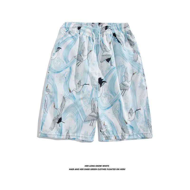 Men's Floral Shorts Quick-Drying Thin Hawaiian Tide Crane Print Five-Point Beach Pants_voghion.com
