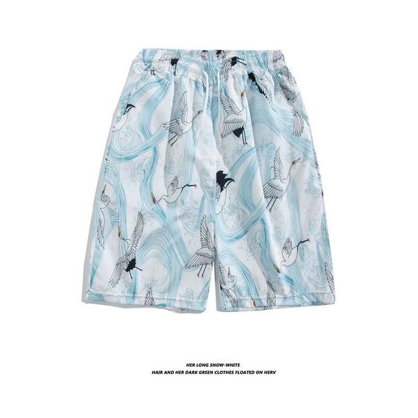 Men's Floral Shorts Quick-Drying Thin Hawaiian Tide Crane Print Five-Point Beach Pants_voghion.com
