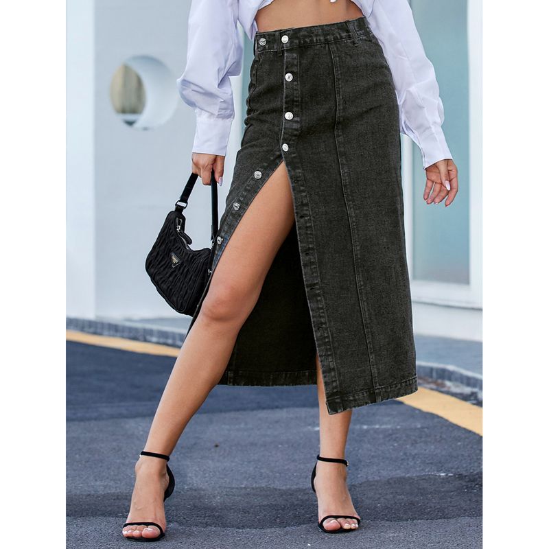 women's INS button irregular slit denim high-waisted skirt_voghion.com