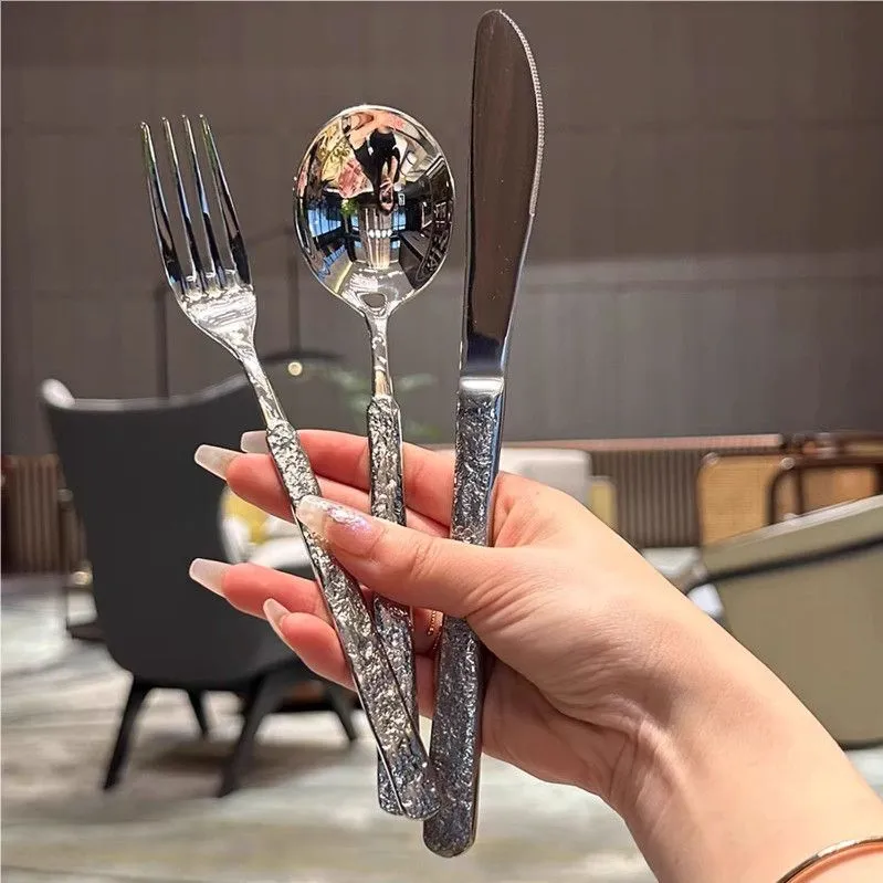Luxury Stainless Steel Western Tableware Elegant Creative Rock Texture Steak Knife Fork Three-Piece Set_voghion.com