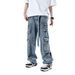 Calça Jeans Cargo Masculina High Street - Calça jeans retrô com vários bolsos, estilo descolado, corte reto e tecido de poliéster confortável._voghion.com