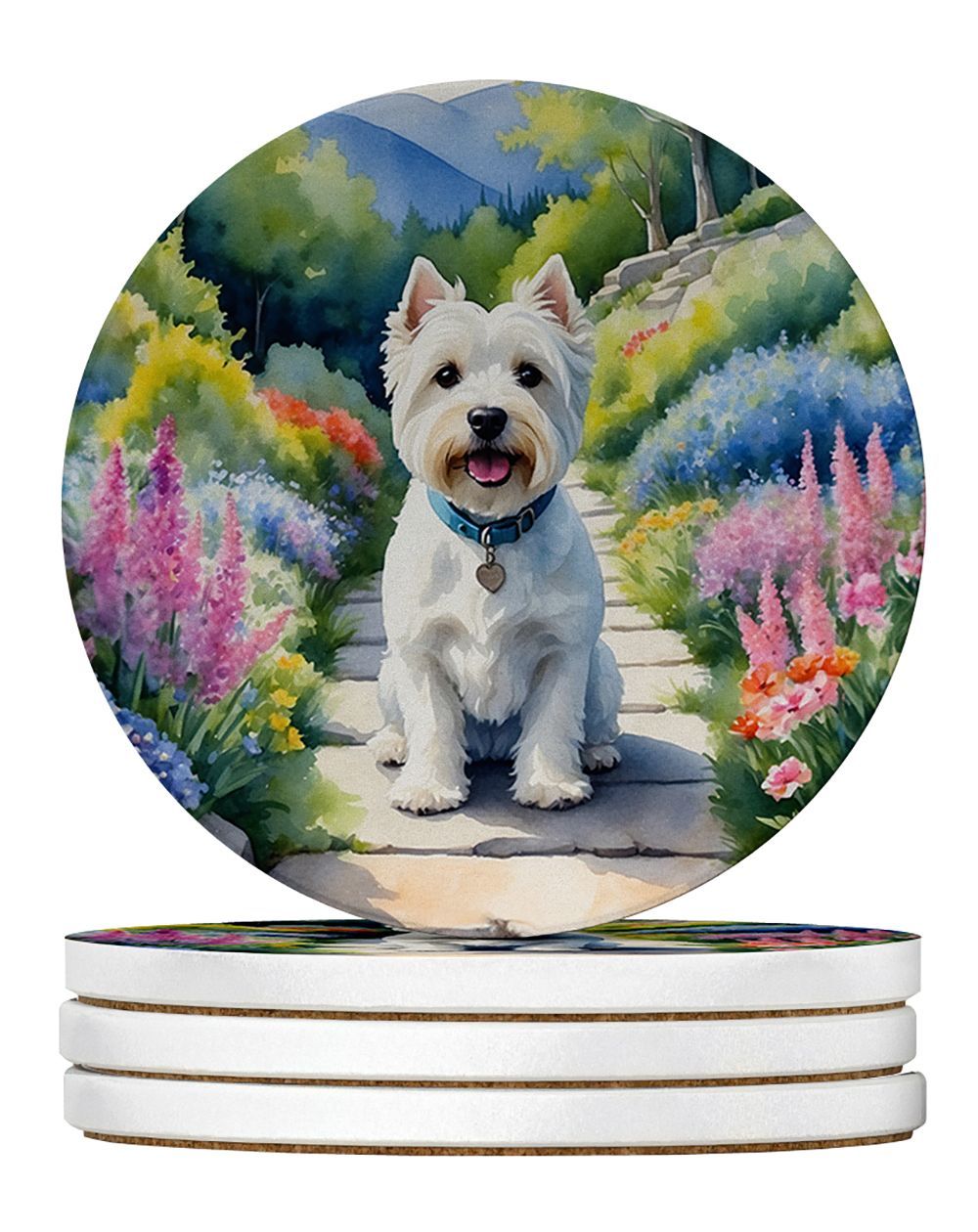 Westie Spring Path Large Sandstone Coasters Pack Of 4 Absorbent Round Coasters Decor Gifts For Men Or Women, 4 In, Multicolor_voghion.com