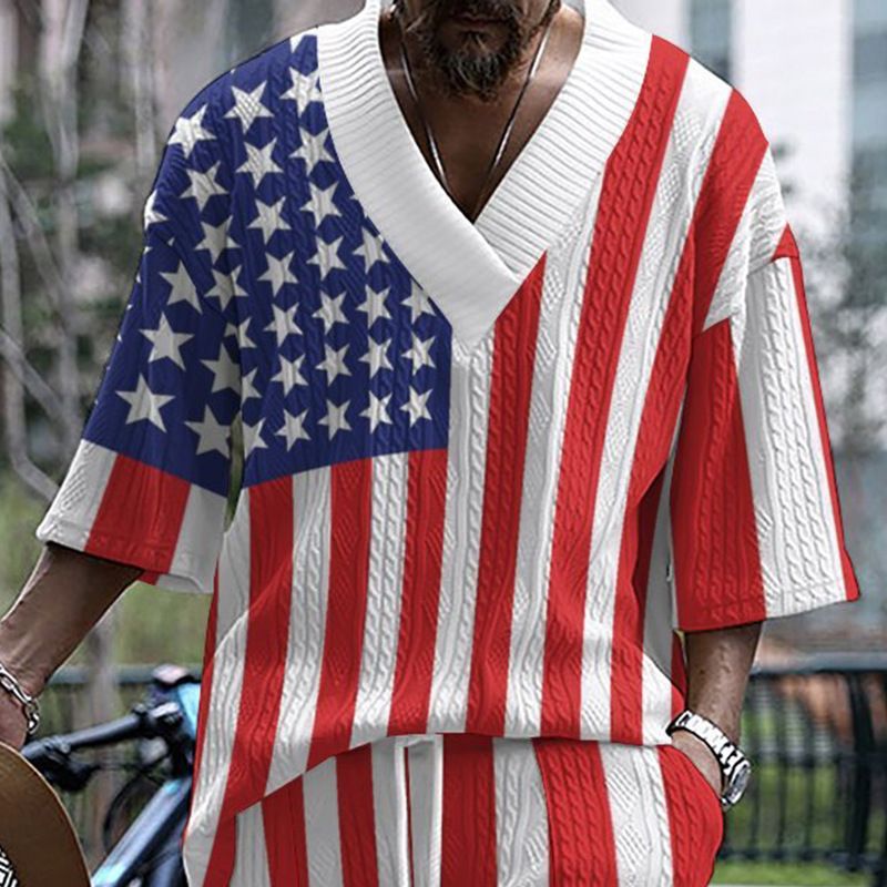 American Flag Jacquard Casual Men's V-Neck Drop Shoulder Loose Plus Size Short Sleeve T-Shirt Top_voghion.com
