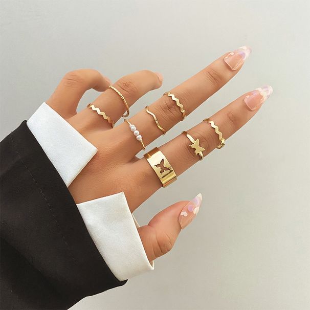 Vintage Ethnic Bohemian Women's Stacked Ring Set Vintage Inlaid Pearl Chain Ring Butterfly Open Ring Ins Wind Ring Set 10-piece Set_voghion.com