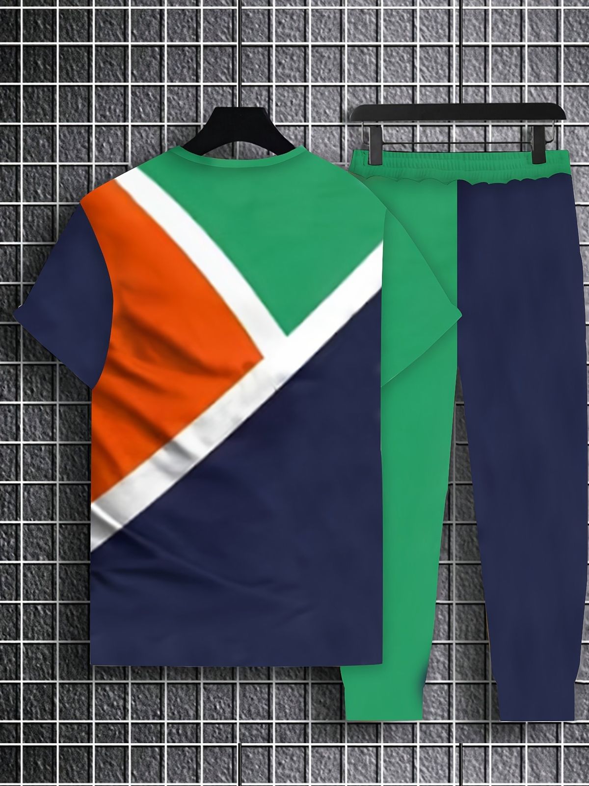 "Men's Stylish 3D Digital Print Short Sleeve Suit Set - Breathable Polyester, Relaxed Fit, Trendy Striped Design For Casual & Summer Wear_voghion.com