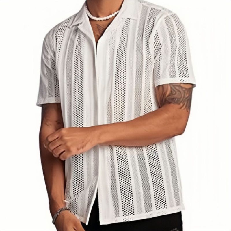 Männerkleeder 2025 Europäesch an amerikanesch Grenziwwerschreidend Männerkleeder Nei Produkter Casual Knäppercher Gestrickte Kuerzärm Hemd Hollow Top Hemd_voghion.com