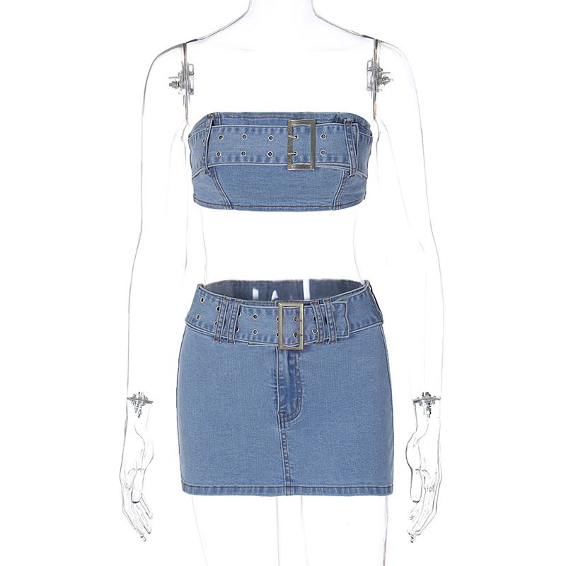 Cross border Women's Clothing 2024 Summer New Product Fashionable Sexy Cowboy Skirt Set with strapless and slim fit_voghion.com