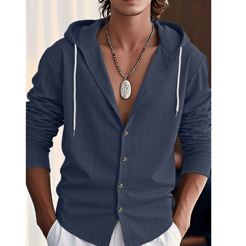 Camicia casual da uomo in lino con cappuccio e righe - Pullover a maniche lunghe con apertura frontale per spiaggia e streetwear (S-XXXL)_voghion.com