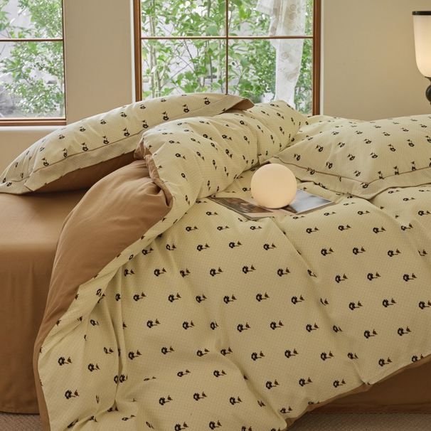 Cotton brushed simple style printed four piece set skin friendly naked sleeping bedding retro pure cotton floral bed sheet set_voghion.com