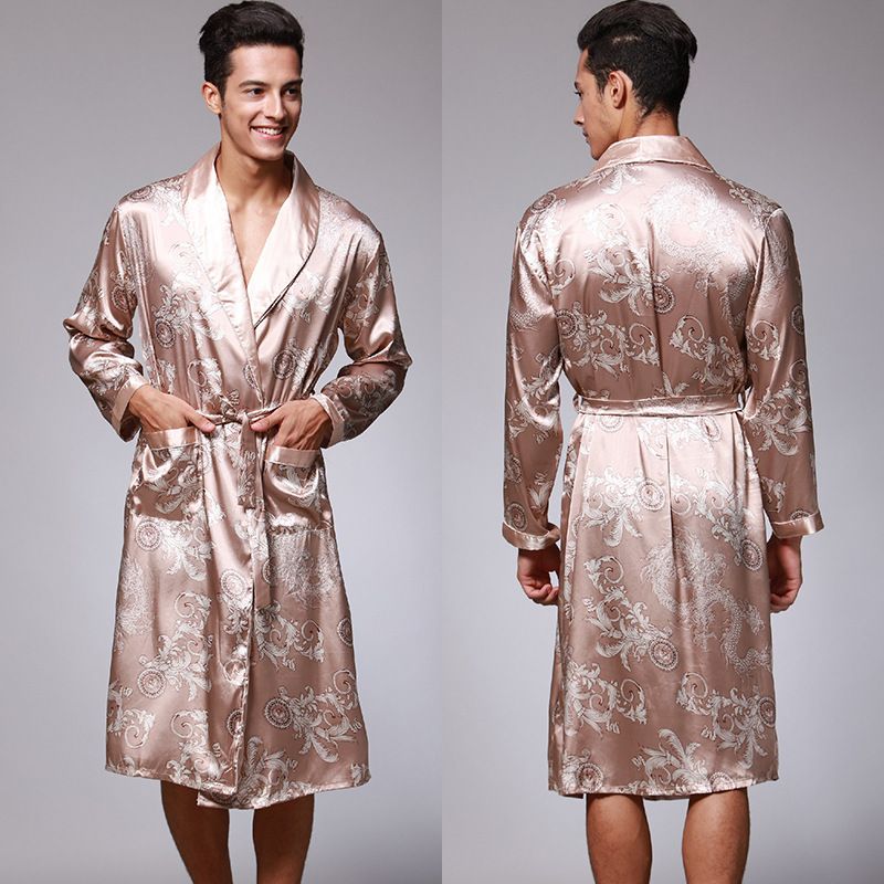 Women's Clothing Silk Ice Silk Pajamas Summer Three Piece Suit Long Sleeved Men's Nightgown Bathrobe Home Clothes_voghion.com