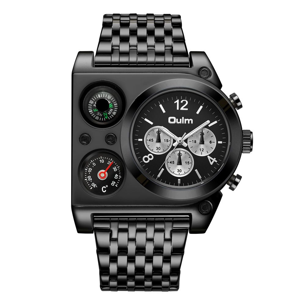 Erkekler İçin Büyük Kadranlı Paslanmaz Çelik Kuvars Saat Pusula Termometreli - Altın ve Siyah Seçenekler Büyük Kadranlı Çelik Bantlı Kuvars Saat Kişiselleştirilmiş Saat_voghion.com