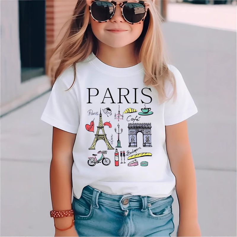 Vêtements pour enfants, motif de monuments et de nourriture, t-shirt à col rond et manches courtes, vêtements d'été adaptés aux enfants de 1 à 8 ans_voghion.com