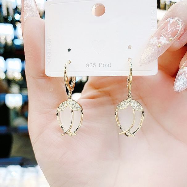 Tulip Earrings Women's Simple High-end Sense Diamond-set Opal Ear Buckle Light Luxury Versatile Niche Fashion Temperament Earrings_voghion.com