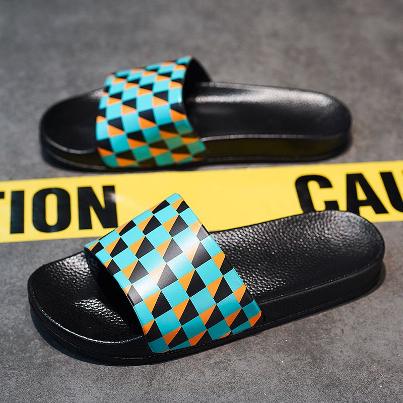 One Word Drag Men's Black And White Checkerboard Large EVA Soft Bottom Beach Slippers Slide Slippers_voghion.com