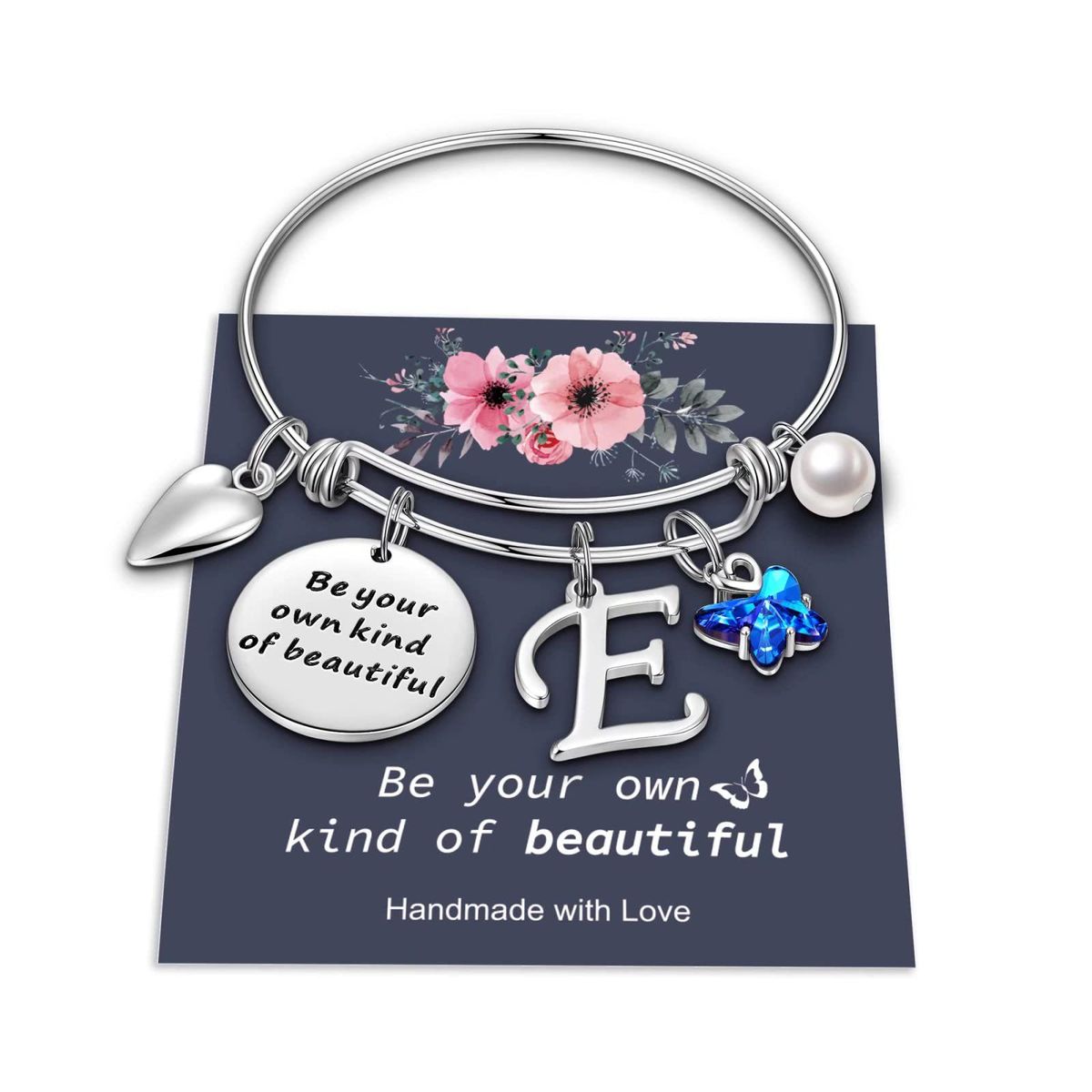 Bracciale con etichetta rotonda regolabile, ciondolo a forma di farfalla blu con perla dell'amore, bracciale in acciaio inossidabile con ciondolo a forma di lettera_voghion.com