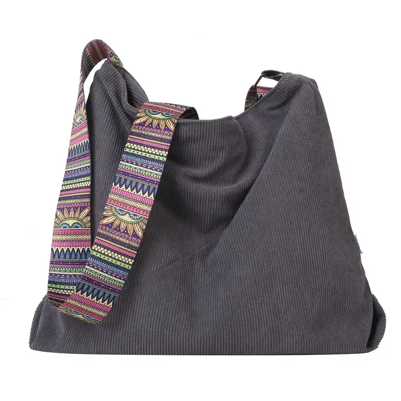 Borsa a tracolla grande in velluto a coste da donna, casual, con fodera in tela, in tessuto solido, con cerniera, a forma di croce, 241112_voghion.com