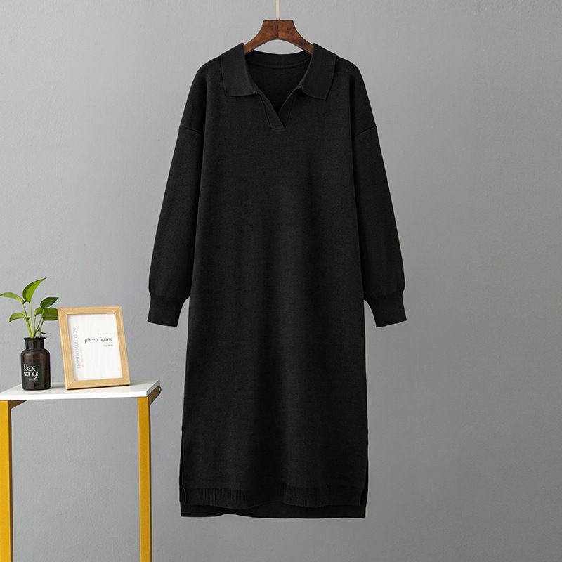 Damenbekleidung Herbst und Winter neues Strickkleid mit Polokragen, loses, großes, einfarbiges Damenkleid_voghion.com
