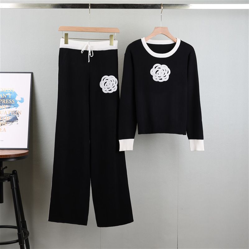 Women's Clothing autumn new camellia knitted suit women's round neck knitted sweater wide leg pants temperament two piece suit_voghion.com