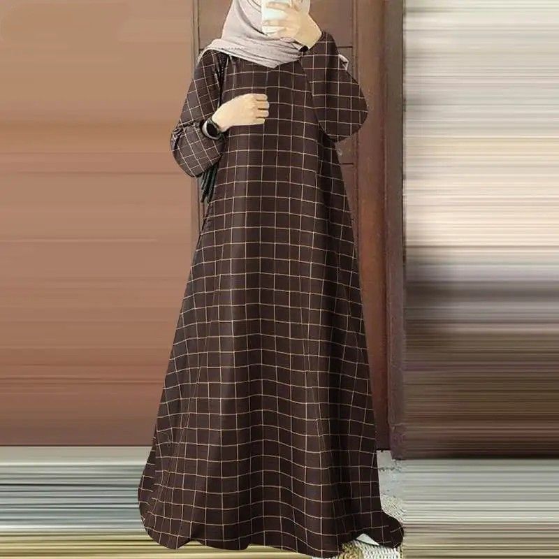 Damenbekleidung Kariertes Maxikleid Muslimische Mode Retro Langarm Karierte Robe_voghion.com