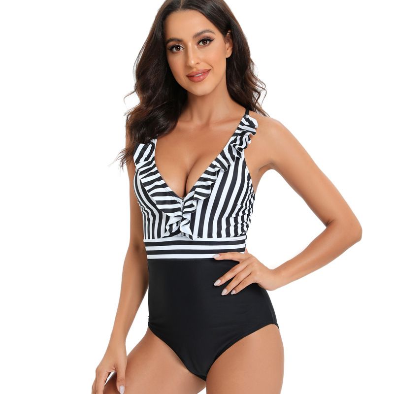 Striped One Piece Swimwear Women's Sexy New Conservative Beach Swimwear_voghion.com