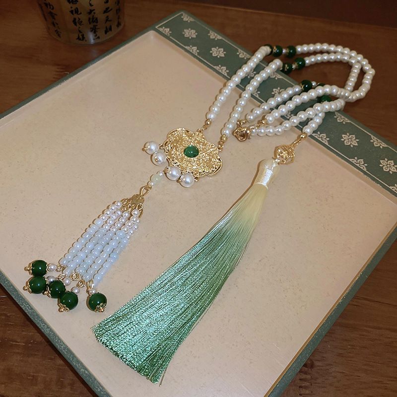 National Trend Peace Lock Pearl Tassel Necklace New Versatile Clavicle Chain Chinese Style Light Luxury Elegant Jewelry_voghion.com