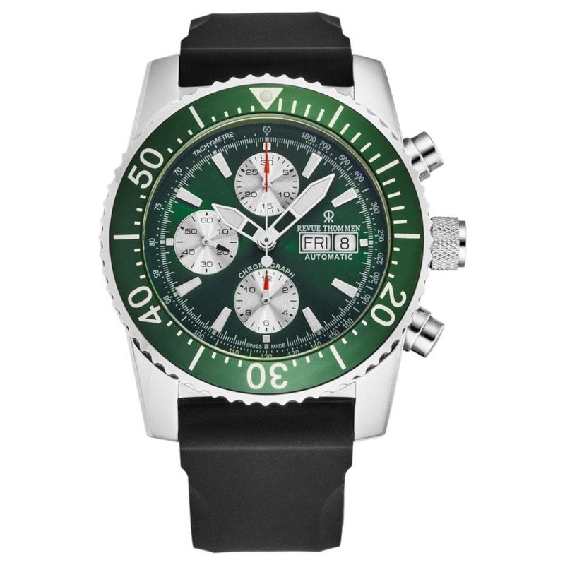 Revue Thommen 17030.6531 Men's 'Divers' Green Dial Day-Date Chronograph Rubber Strap Automatic Watch_voghion.com