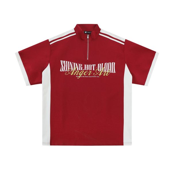 Męska letnia, luźna koszulka polo z krótkim rękawem i półsuwakiem, z nadrukiem liter i dopasowanym kolorystycznie kołnierzykiem stójką_voghion.com