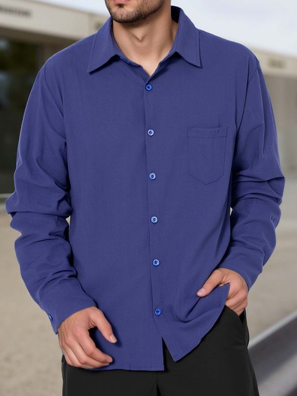 Men's Clothing Versatile Shirt Fashion Cotton Casual Loose Fit Cotton Shirt With Pocket, Solid Color Long Sleeve Button Down Shirt For Everyday Wear_voghion.com