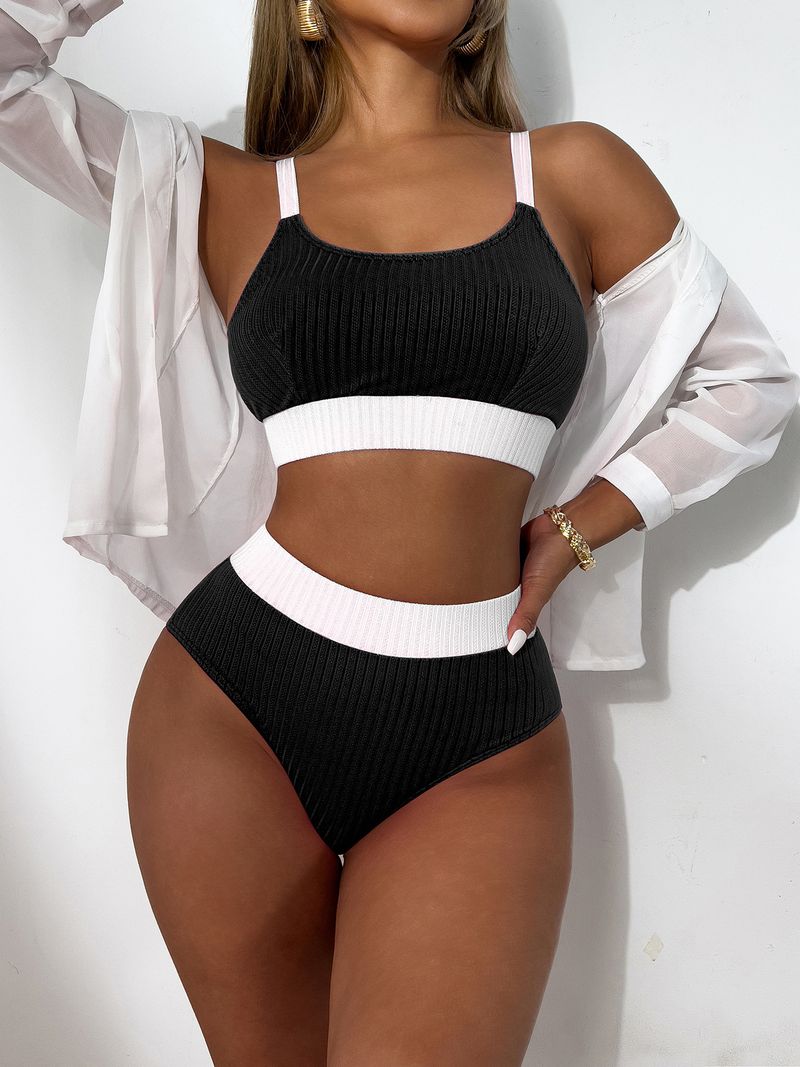 2025 New Solid Color Strap Two-Piece High-Waist Triangle Women's Sexy Hot Spring Bikini Swimsuit_voghion.com