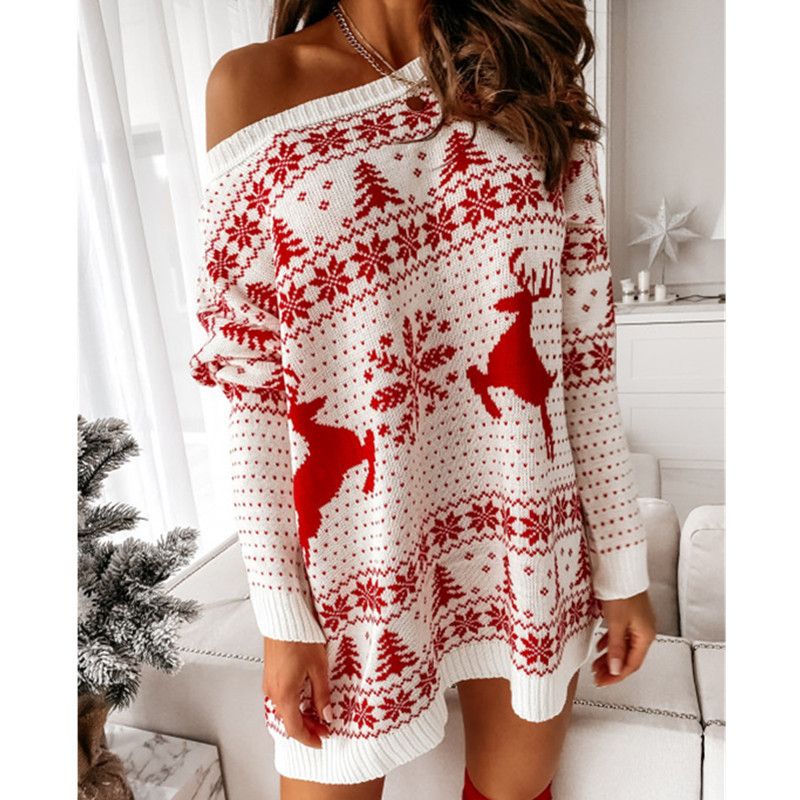 Robe à manches longues en maille ample jacquard de Noël pour femme_voghion.com