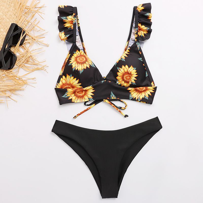 New Split Sexy Solid Color Printed Triangle Bikini Set Swimsuit_voghion.com