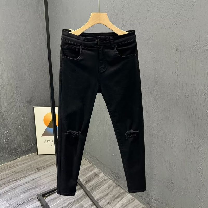 Abbigliamento maschile Jeans strappati bianchi Pantaloni skinny aderenti primaverili ed estivi Pantaloni alla moda casual elastici a nove punte_voghion.com