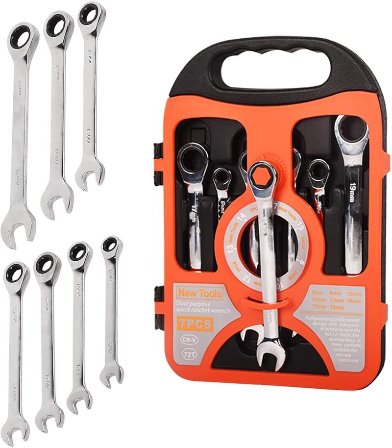 Ratchet Wrench Kit, 7 Piece Set, 8mm-19mm, Chrome Vanadium Steel, Full Polished 72 Tooth Box And Open End Standard Garage Tool Set For Mechanics, Wrench Set With Storage Box_voghion.com