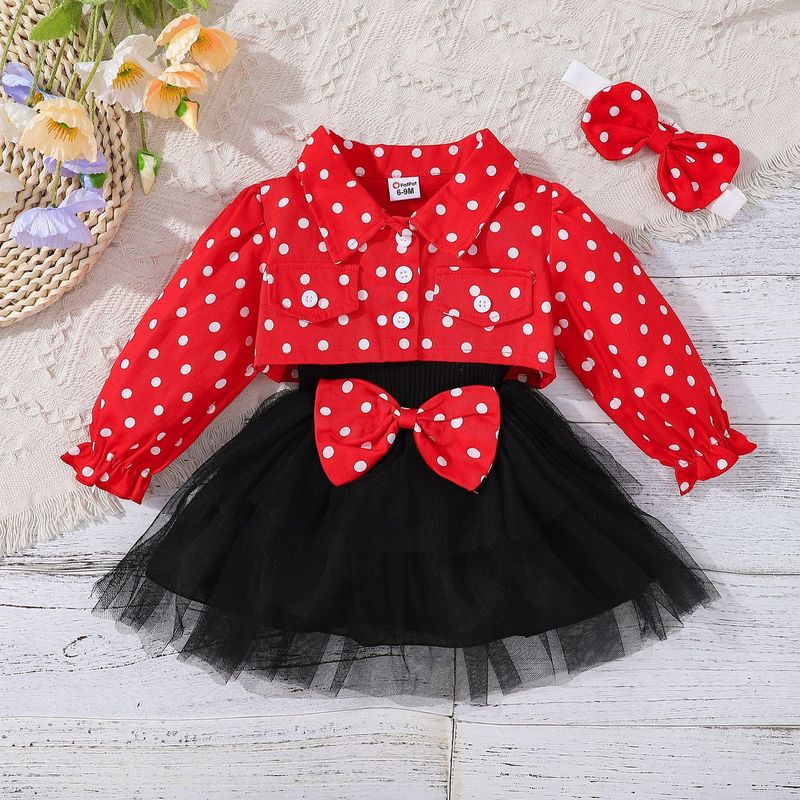 Children's clothing Polka Dot lapel single-breasted long-sleeved top with halter bow skirt three-piece suit_voghion.com