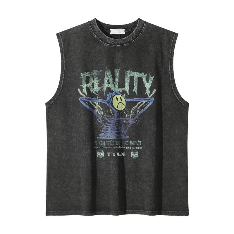T-shirt sans manches à col rond pour hommes, vêtements d'été, ample, amusant, imprimé tête de mort, lavage à l'eau pour fabriquer des vieux hommes_voghion.com